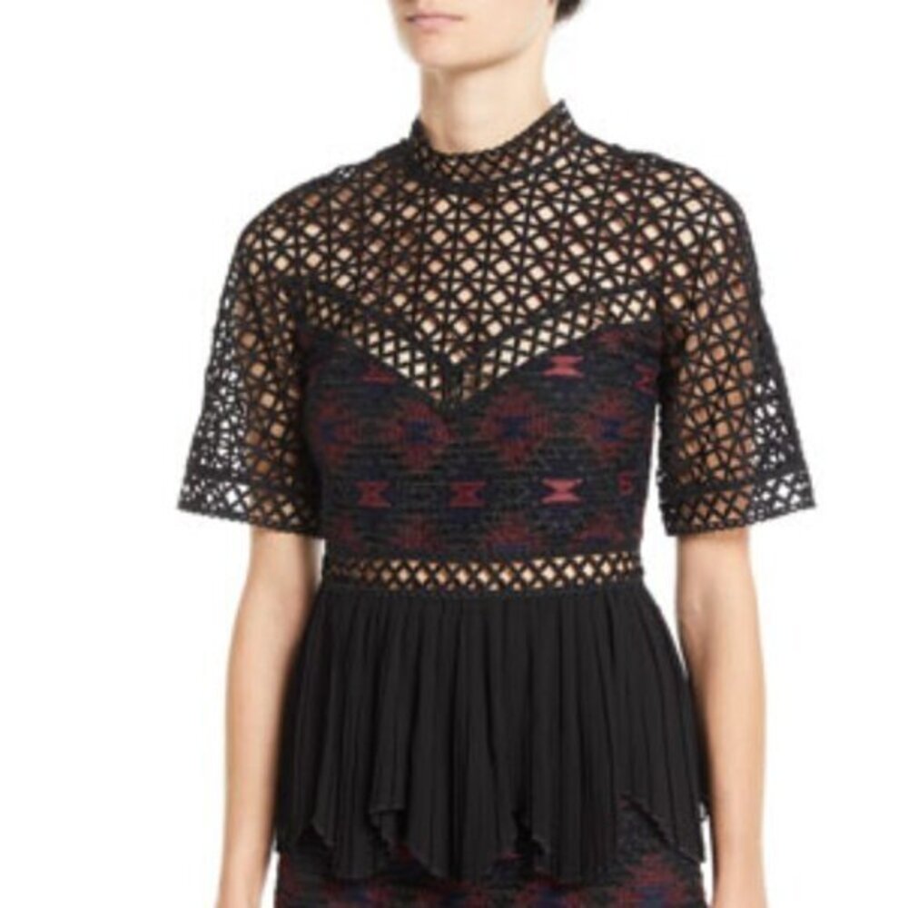 Pinko High Neck Embroidered Illusion Black Short Sleeve Blouse size 6​​​